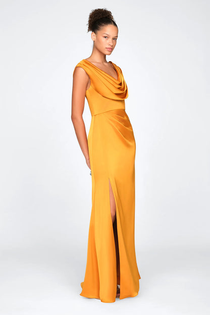 Marigold Satin A Line Cowl Neck Pleated Shoulder High Slit Floor Length Formal Evening Prom Dress