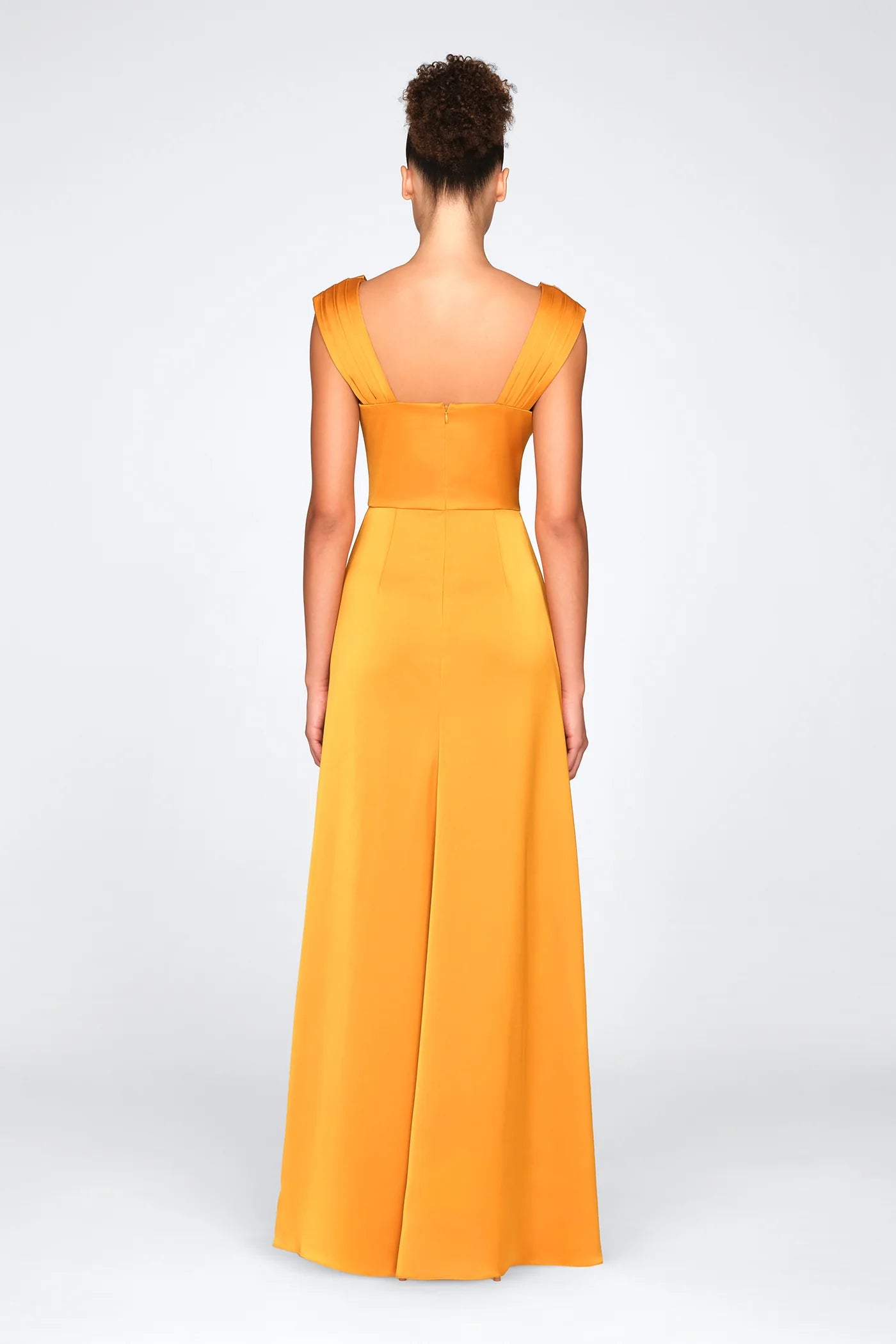Marigold Satin A Line Cowl Neck Pleated Shoulder High Slit Floor Length Formal Evening Prom Dress