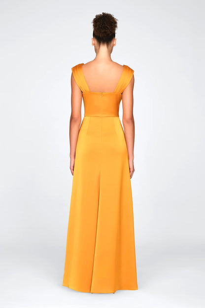 Marigold Satin A Line Cowl Neck Pleated Shoulder High Slit Floor Length Formal Evening Prom Dress