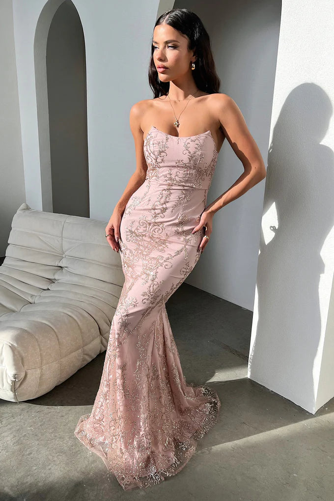 Mauve Sequined V-Neck Mermaid Long Evening Dresses for Prom Party Wedding Formal Events