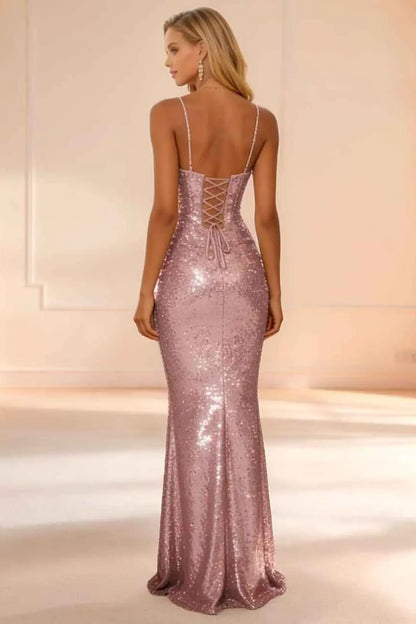 Sequined Spaghetti Strap Mermaid Prom Dress with Corset Back and High Slit for Formal Events and Prom Nights
