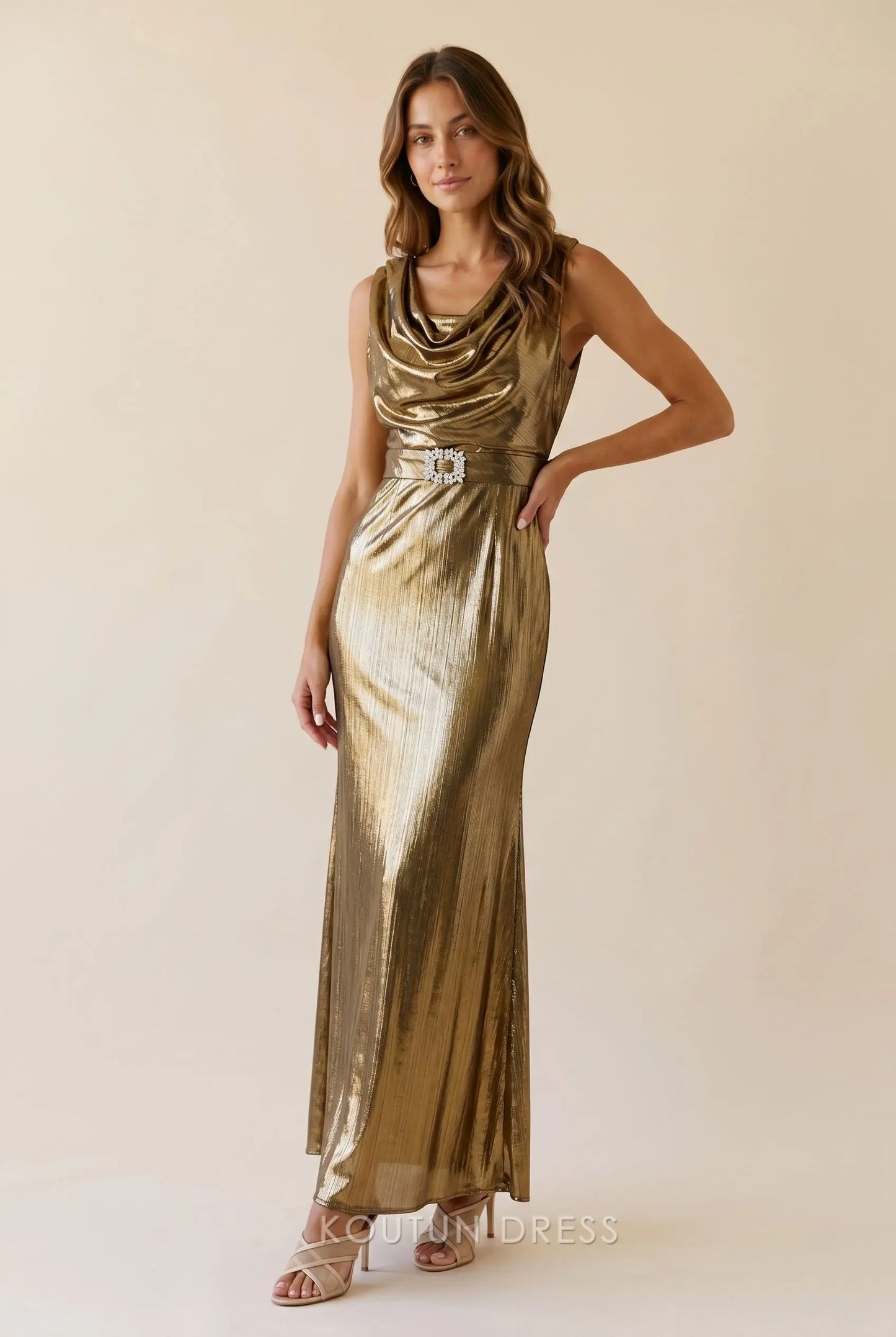 Metallic Gold Satin Sleeveless Cowl Neck Rhinestone Buckle Belt Sheath Maxi Prom Dress