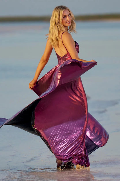 Metallic Strapless Pleated Prom Dresses with Crisscross Thin Straps Cutout Front Slit for Prom and Red Carpet