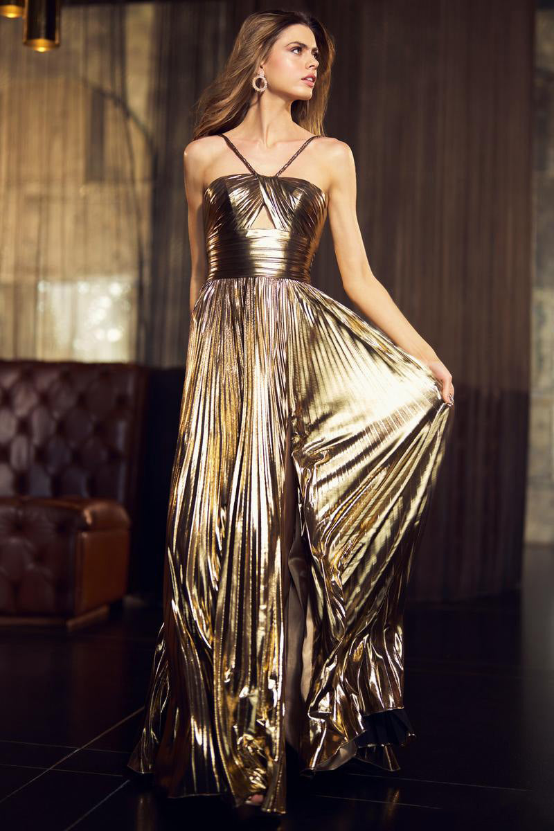 Metallic Strapless Pleated Prom Dresses with Crisscross Thin Straps Cutout Front Slit for Prom and Red Carpet