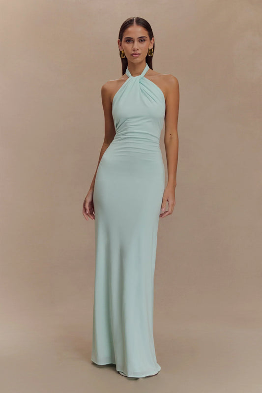 Mint Green Halter Neck Backless Twist Knot Ruched Mermaid Floor Length Prom Dress