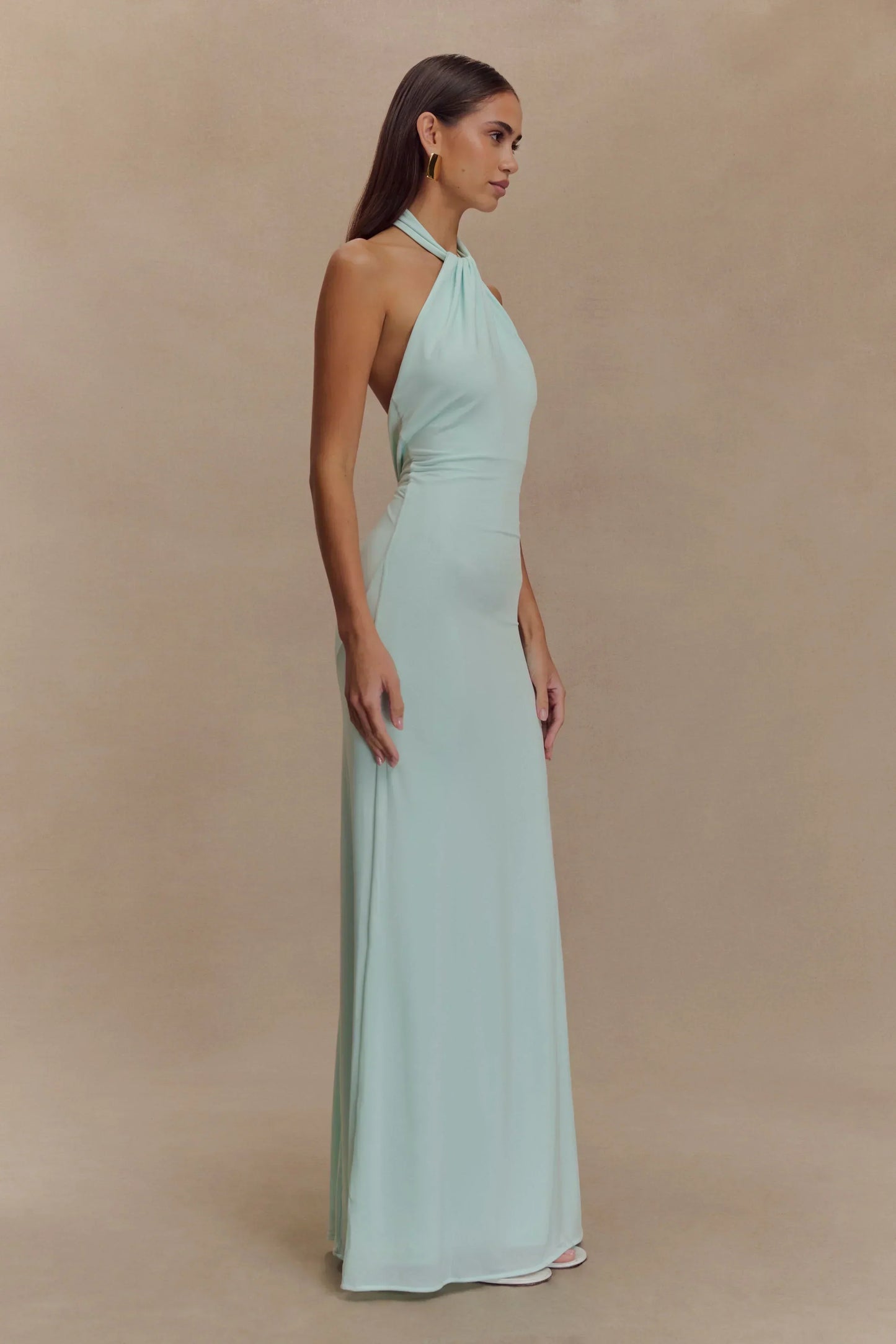 Mint Green Halter Neck Backless Twist Knot Ruched Mermaid Floor Length Prom Dress