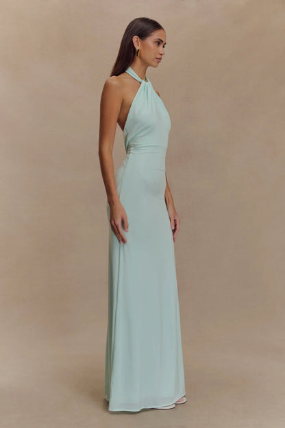 Mint Green Halter Neck Backless Twist Knot Ruched Mermaid Floor Length Prom Dress