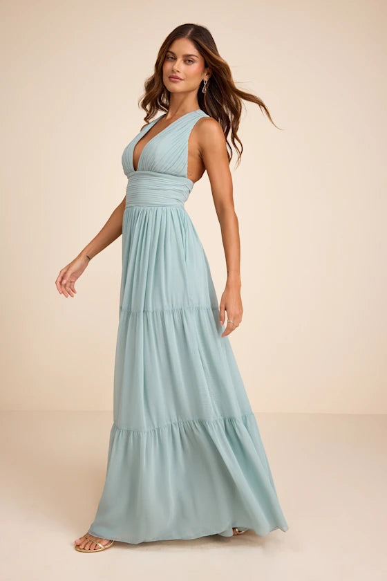 Mint Green Halter Prom Dress With Pleated V Neck Crisscross Back And Tiered Chiffon A Line Formal Prom Dress