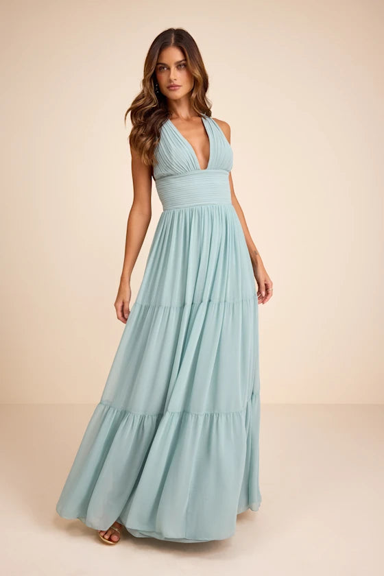 Mint Green Halter Prom Dress With Pleated V Neck Crisscross Back And Tiered Chiffon A Line Formal Prom Dress