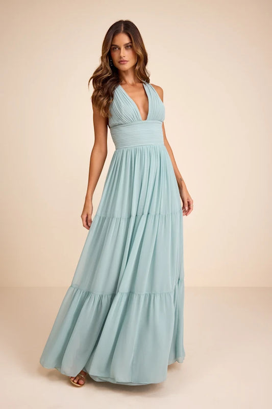 Mint Green Halter Prom Dress With Pleated V Neck Crisscross Back And Tiered Chiffon A Line Formal Prom Dress