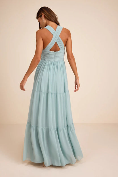 Mint Green Halter Prom Dress With Pleated V Neck Crisscross Back And Tiered Chiffon A Line Formal Prom Dress