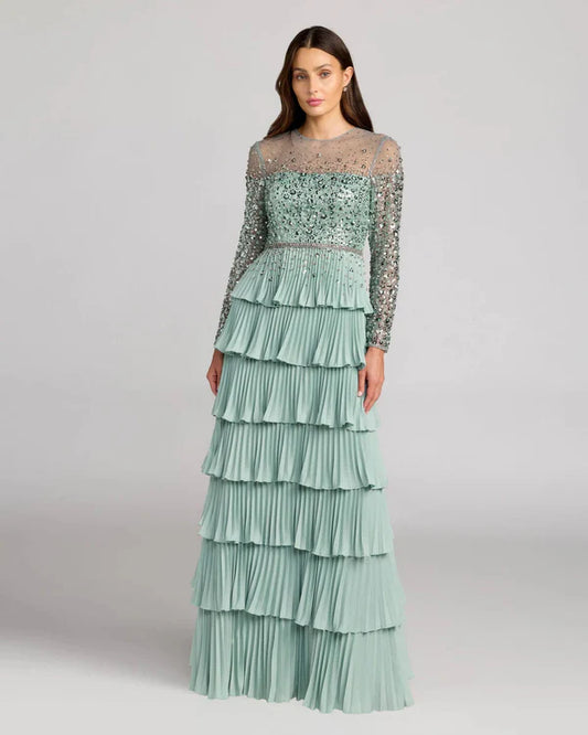 Mint Green Illusion Neck Long Sleeve Beaded Tiered Pleated Floor Length Formal Evening Prom Dress