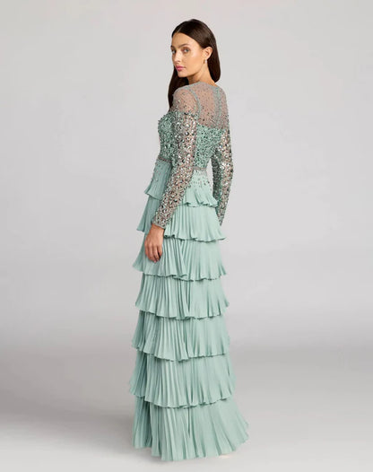 Mint Green Illusion Neck Long Sleeve Beaded Tiered Pleated Floor Length Formal Evening Prom Dress