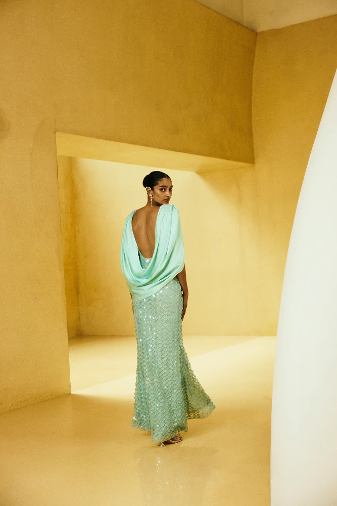 Mint Green Sequin Mermaid V Neck Draped Satin Cape Sleeve Floral Waist Applique High Slit Floor Length Formal Evening Prom Dress