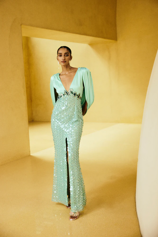 Mint Green Sequin Mermaid V Neck Draped Satin Cape Sleeve Floral Waist Applique High Slit Floor Length Formal Evening Prom Dress
