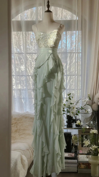 Mint Green Spaghetti Strap Prom Dress With Beaded Sweetheart Bodice And Cascading Ruffle Chiffon Mermaid Formal Prom Dress