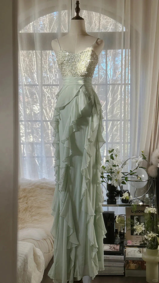 Mint Green Spaghetti Strap Prom Dress With Beaded Sweetheart Bodice And Cascading Ruffle Chiffon Mermaid Formal Prom Dress