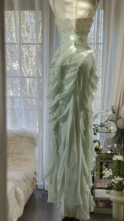 Mint Green Spaghetti Strap Prom Dress With Beaded Sweetheart Bodice And Cascading Ruffle Chiffon Mermaid Formal Prom Dress