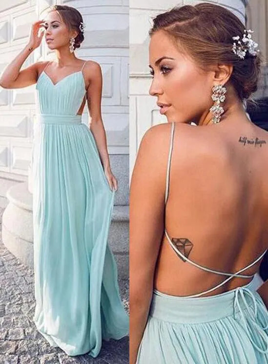 Mint Green Spaghetti Strap Prom Dress with Criss Cross Open Back and Pleated Chiffon Skirt for Formal Events and Prom Nights