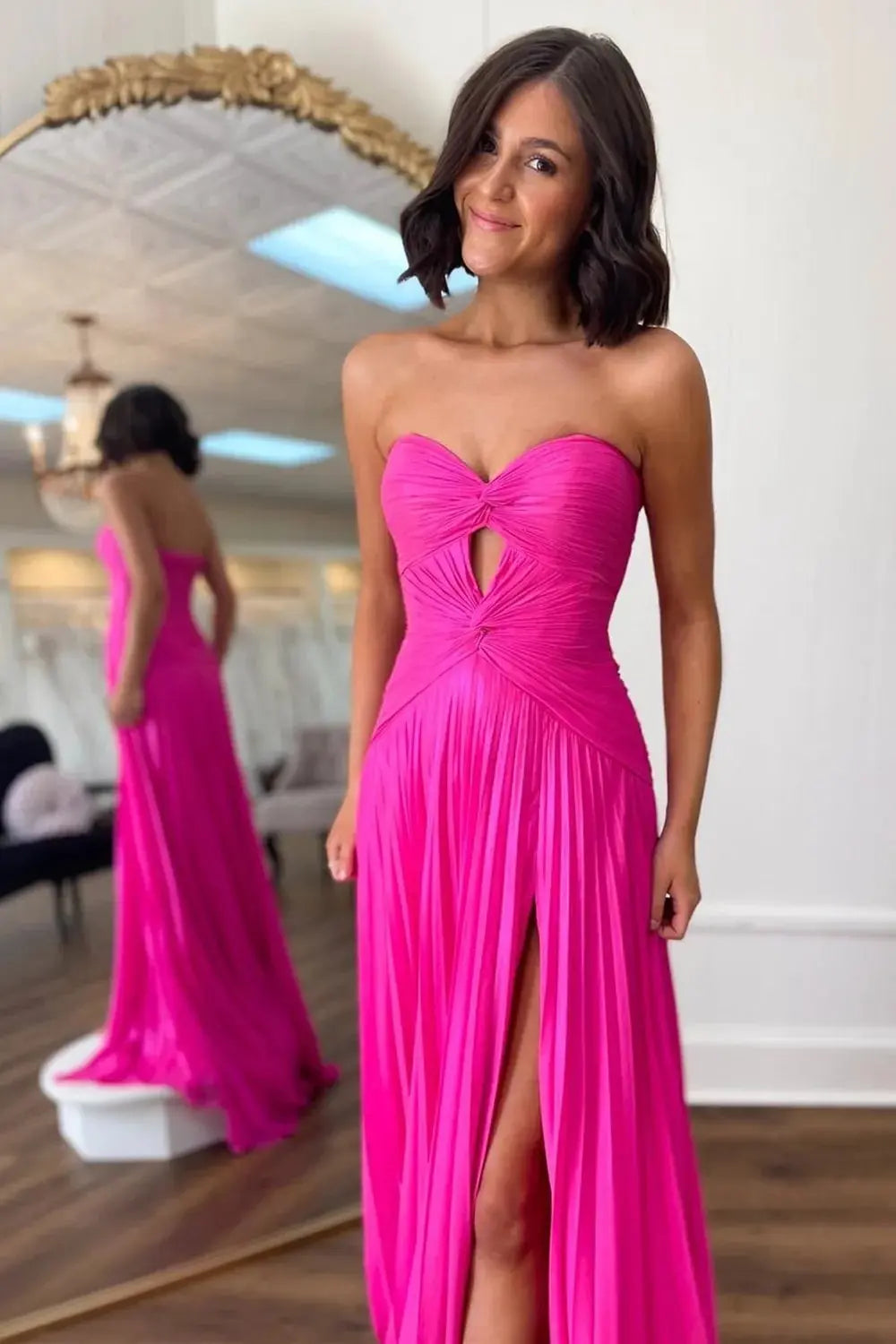 Mint Green Strapless Pleated Prom Dress with Sweetheart Neckline and High Slit for Formal Events and Prom Nights