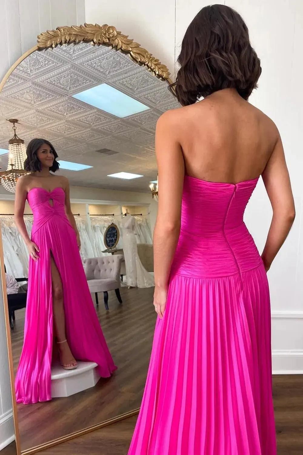 Mint Green Strapless Pleated Prom Dress with Sweetheart Neckline and High Slit for Formal Events and Prom Nights