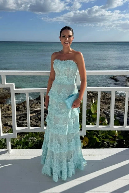 Mint Lace Maxi Dresses with Strapless Neckline Tiered Ruffle Hem for Beach Vacation and Garden Wedding