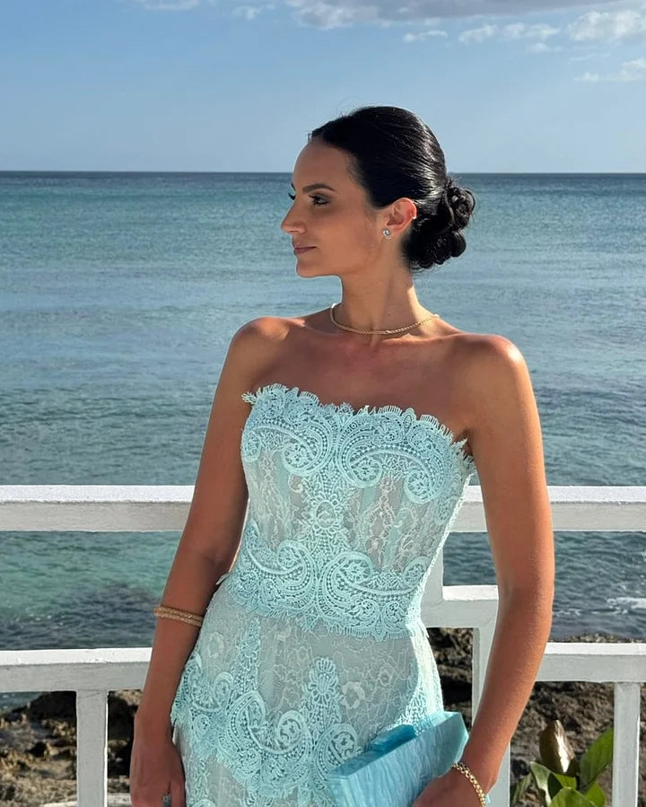 Mint Lace Maxi Dresses with Strapless Neckline Tiered Ruffle Hem for Beach Vacation and Garden Wedding