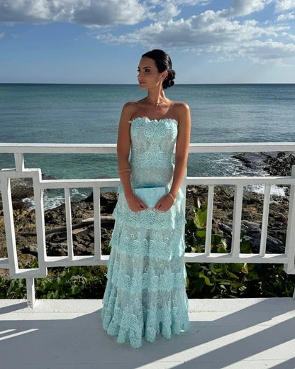 Mint Lace Maxi Dresses with Strapless Neckline Tiered Ruffle Hem for Beach Vacation and Garden Wedding