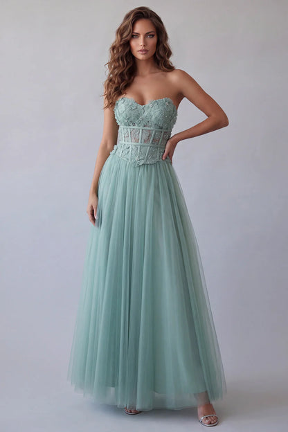 Mint Strapless Prom Dress With Lace Corset And Tulle A Line Formal Prom Dress