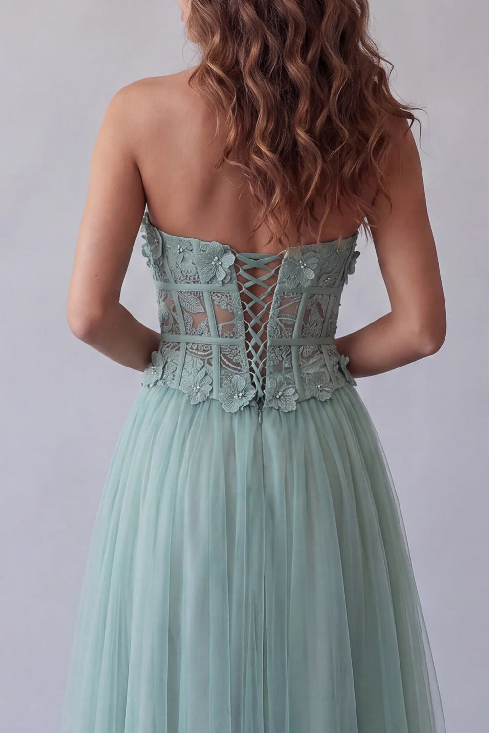 Mint Strapless Prom Dress With Lace Corset And Tulle A Line Formal Prom Dress