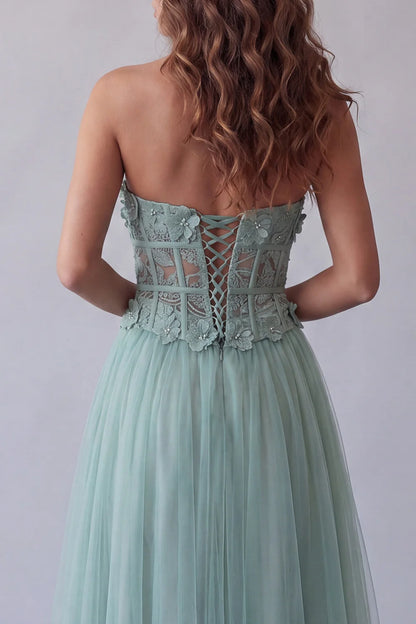 Mint Strapless Prom Dress With Lace Corset And Tulle A Line Formal Prom Dress