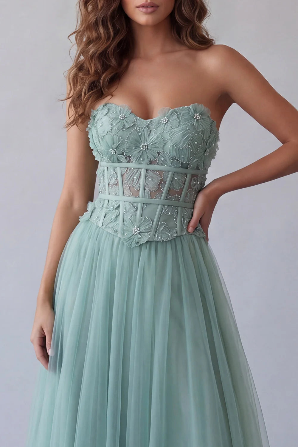 Mint Strapless Prom Dress With Lace Corset And Tulle A Line Formal Prom Dress