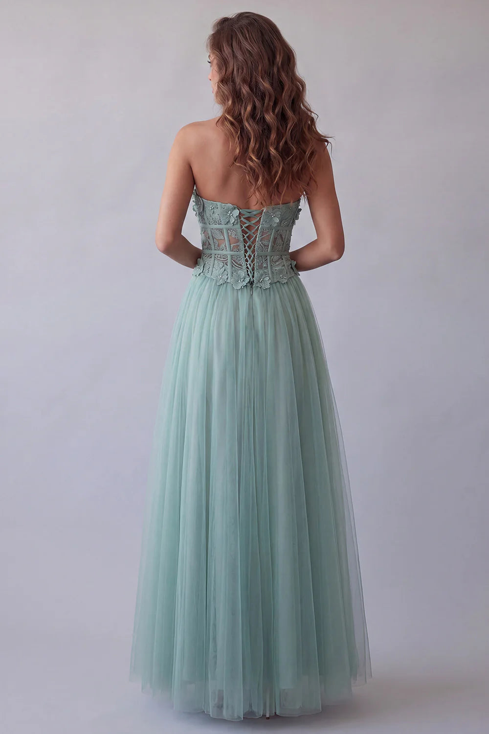 Mint Strapless Prom Dress With Lace Corset And Tulle A Line Formal Prom Dress