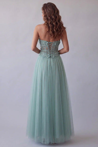 Mint Strapless Prom Dress With Lace Corset And Tulle A Line Formal Prom Dress