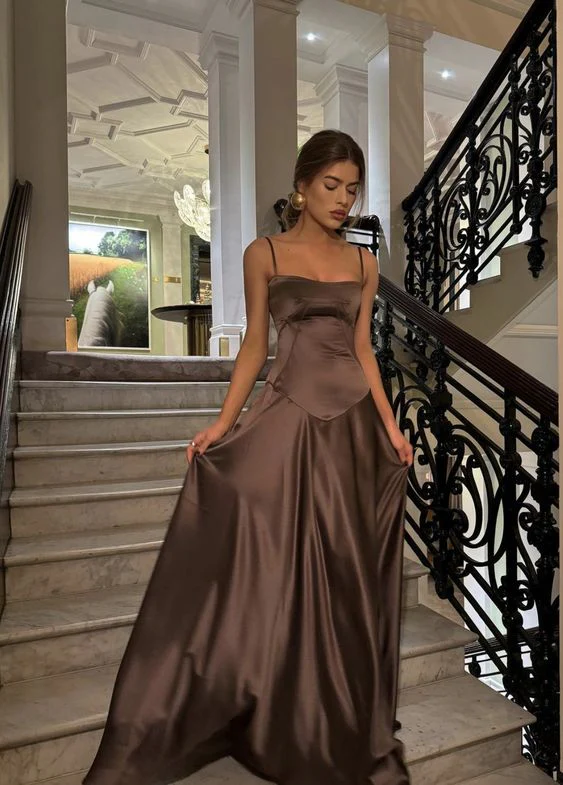 Mocha Satin Corset Lace-Up Back Maxi Prom Dress