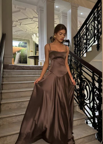 Mocha Satin Corset Lace-Up Back Maxi Prom Dress