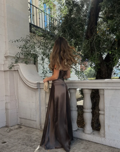 Mocha Satin Corset Lace-Up Back Maxi Prom Dress