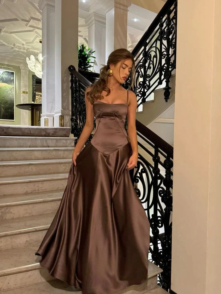 Mocha Satin Corset Lace-Up Back Maxi Prom Dress