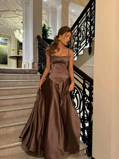 Mocha Satin Corset Lace-Up Back Maxi Prom Dress