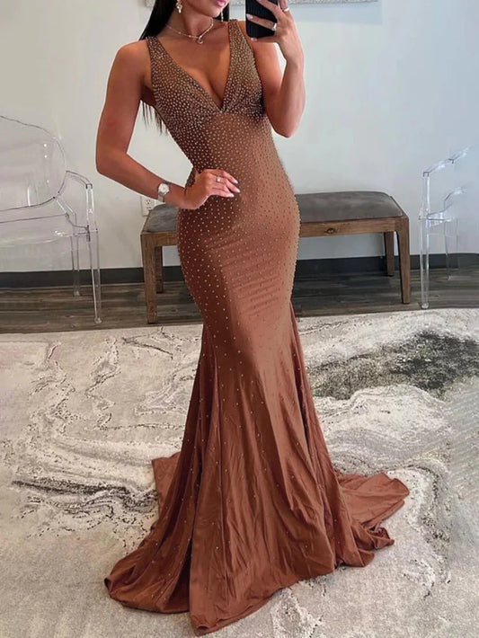Mocha V Neck Prom Dress With Pearl Embellished Low Back And Form Fitting Mermaid Formal Prom Dress