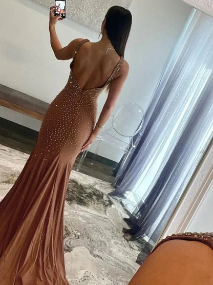 Mocha V Neck Prom Dress With Pearl Embellished Low Back And Form Fitting Mermaid Formal Prom Dress