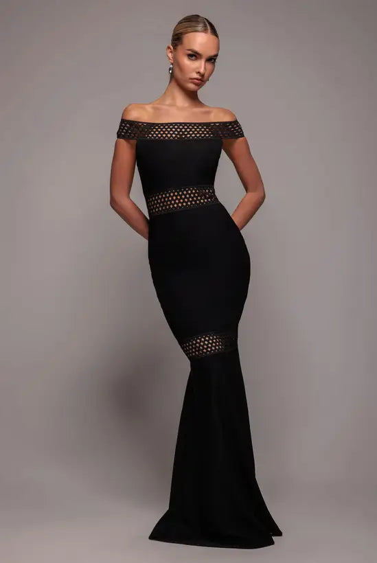 Modern Black Off-the-Shoulder Mermaid Gown with Geometric Mesh Cutout Detail, Prom Dress