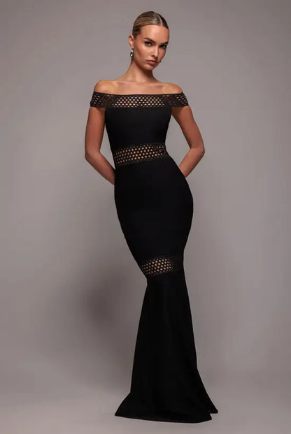 Modern Black Off-the-Shoulder Mermaid Gown with Geometric Mesh Cutout Detail, Prom Dress