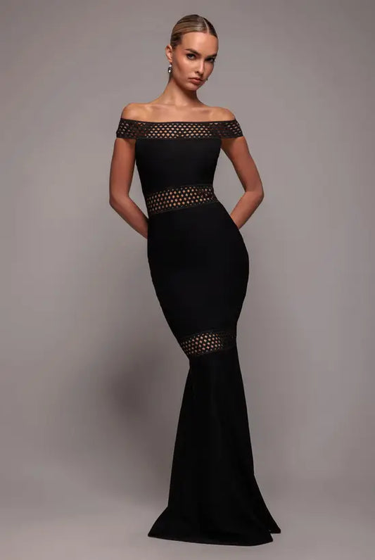 Modern Black Off-the-Shoulder Mermaid Gown with Geometric Mesh Cutout Detail, Prom Dress