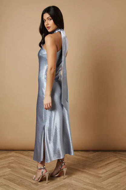Modern Iridescent Silver Halter Neck Maxi Dress with Back Bow Detail and Side Slit, Prom Dress