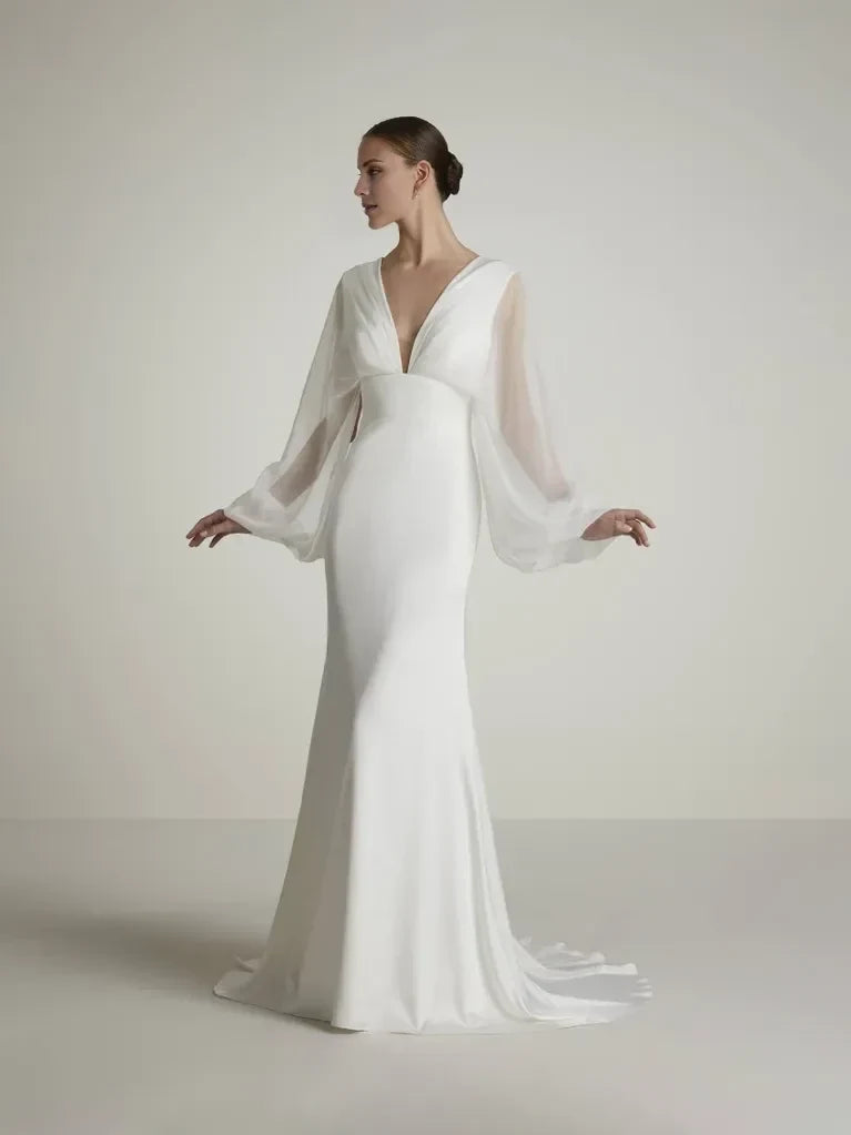 Modern Mermaid Deep V-Neck Sheer Bishop Sleeve White Maxi Wedding Gown