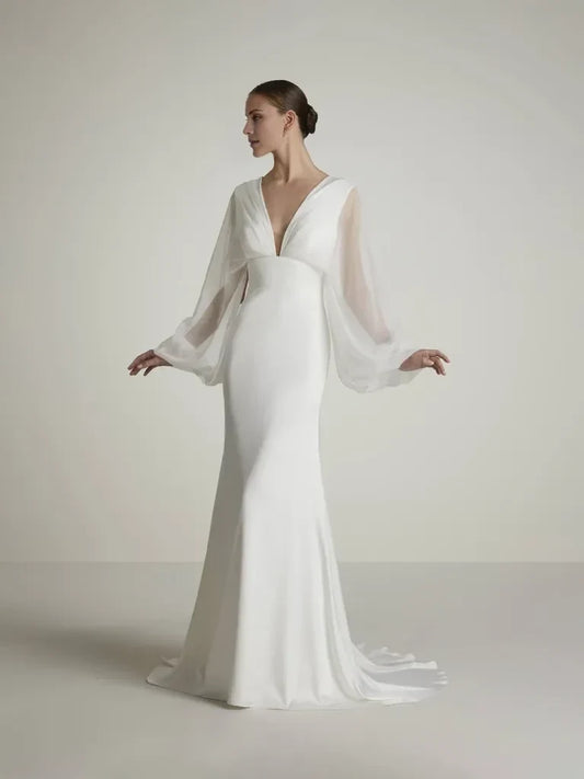 Modern Mermaid Deep V-Neck Sheer Bishop Sleeve White Maxi Wedding Gown