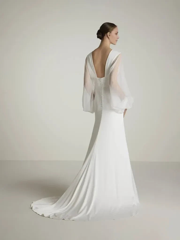 Modern Mermaid Deep V-Neck Sheer Bishop Sleeve White Maxi Wedding Gown