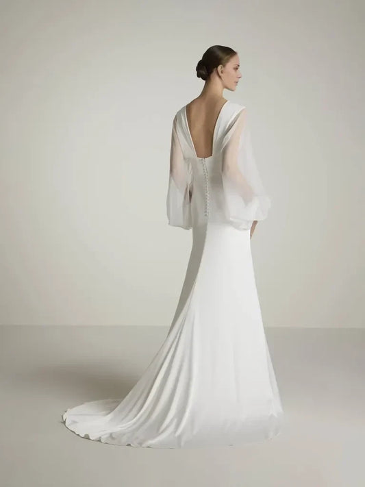 Modern Mermaid Deep V-Neck Sheer Bishop Sleeve White Maxi Wedding Gown