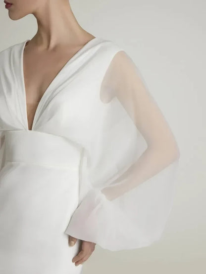 Modern Mermaid Deep V-Neck Sheer Bishop Sleeve White Maxi Wedding Gown